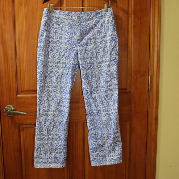 Vintage Sigrid Olsen Bold Blue & White Patterned Straight-Leg Pants Size 10 - Picture 2 of 15